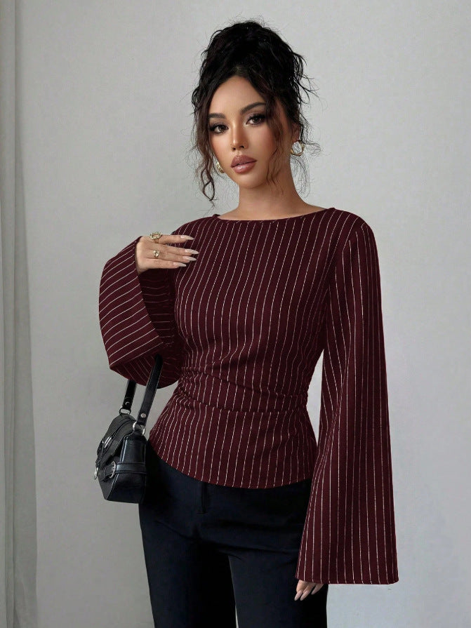 Women's Striped Bell Sleeve Tie Waist Blouse