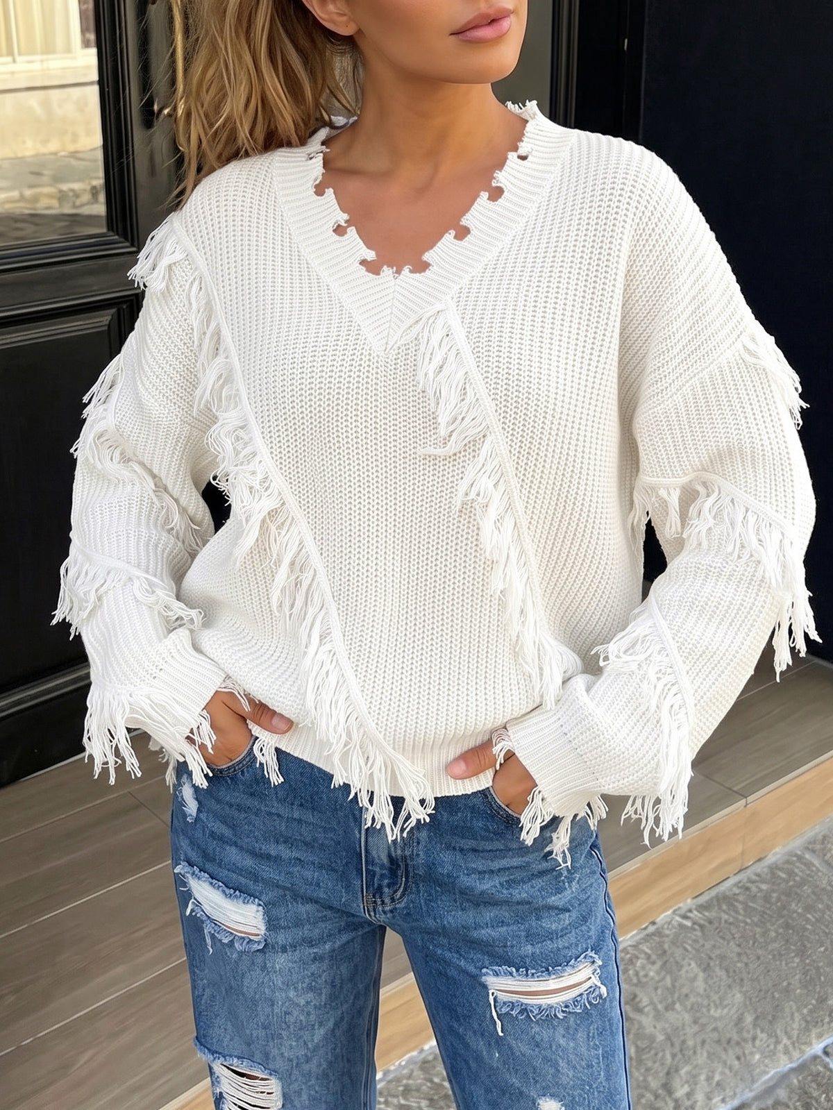 Women's Oversized V Neck Fringe Chunky Knit Sweater