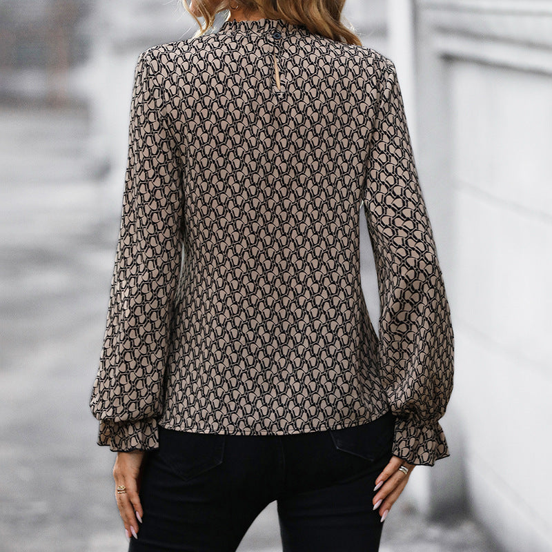 Leopard Print Tie Waist Long Sleeve Blouse for Women