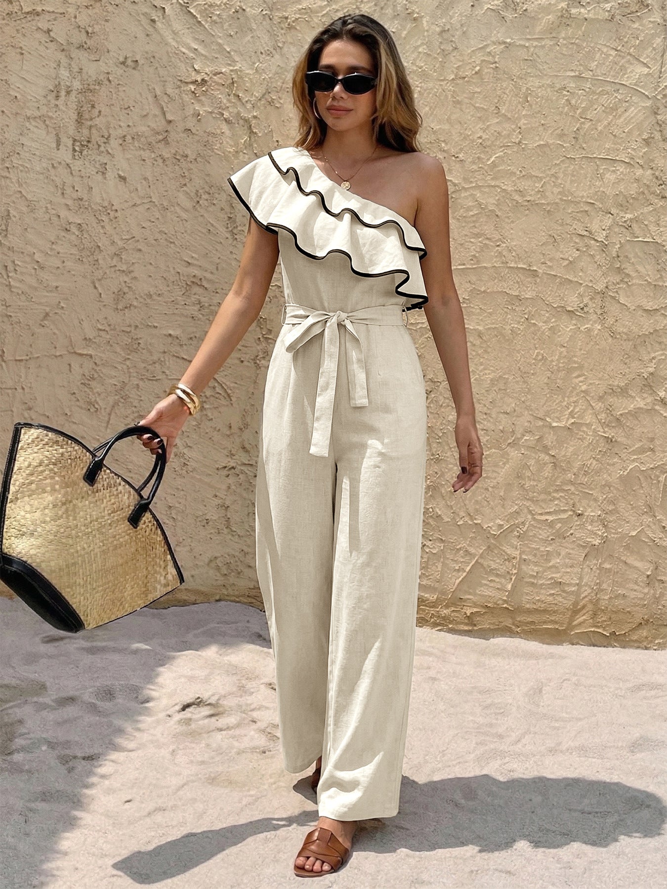 Women One Shoulder Ruffle Wide Leg Jumpsuit