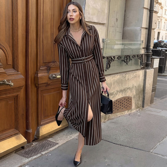 Striped Shirt Dress Long Sleeve Belted Midi Slit