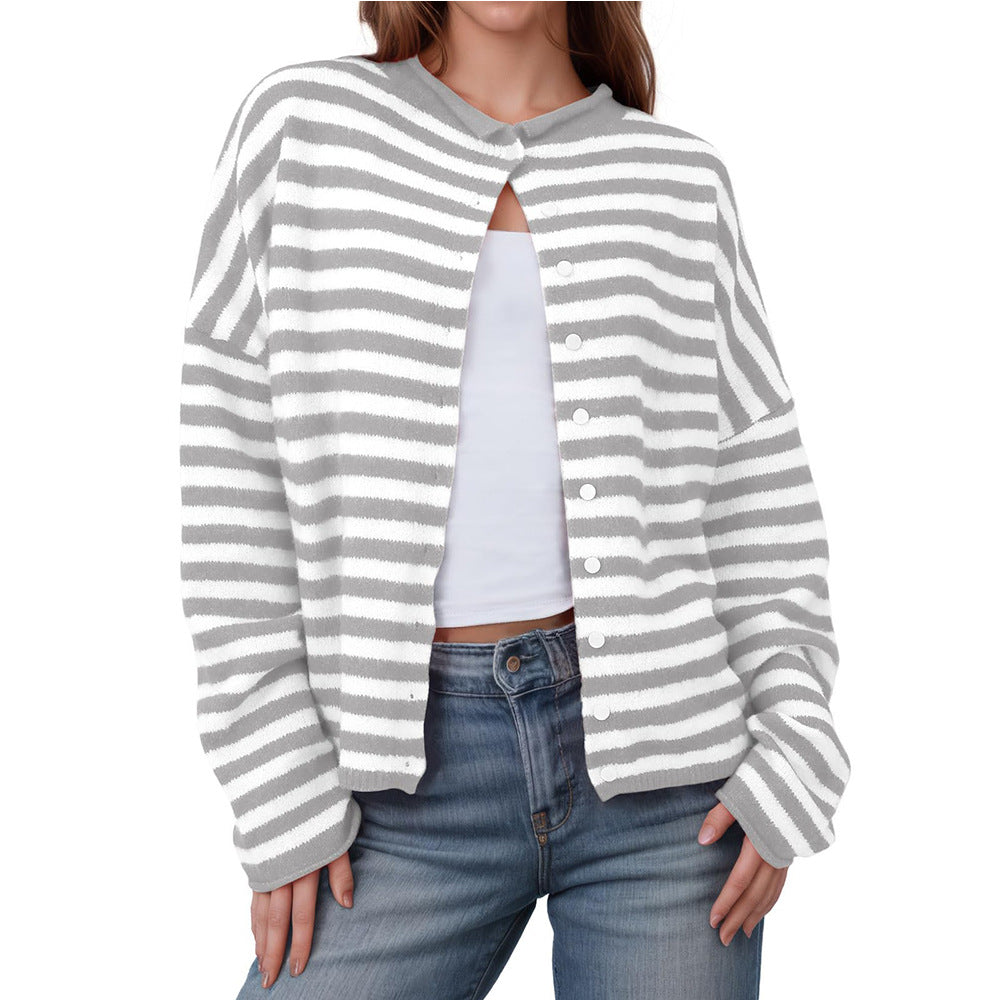 Striped Colorblock Knit Cardigan Long Sleeve Casual Jacket