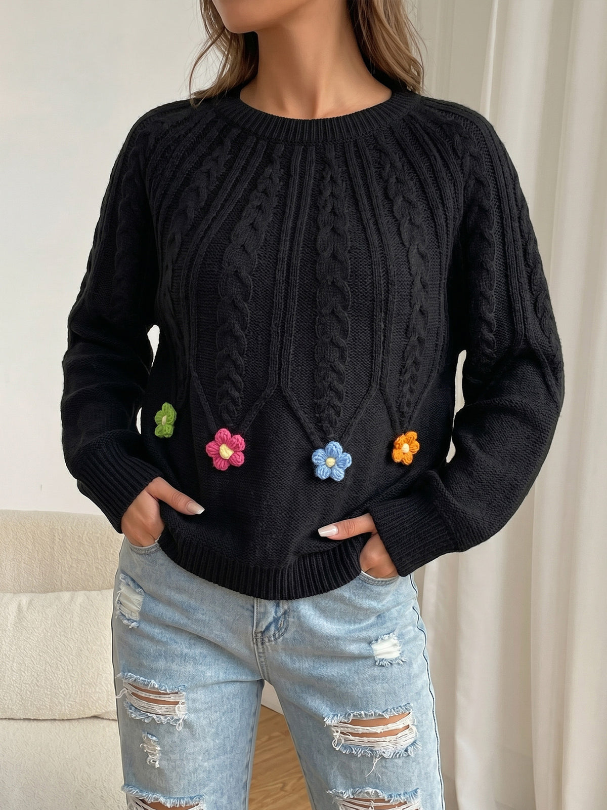 Women's Cable Knit Balloon Sleeve 3D Floral Sweater