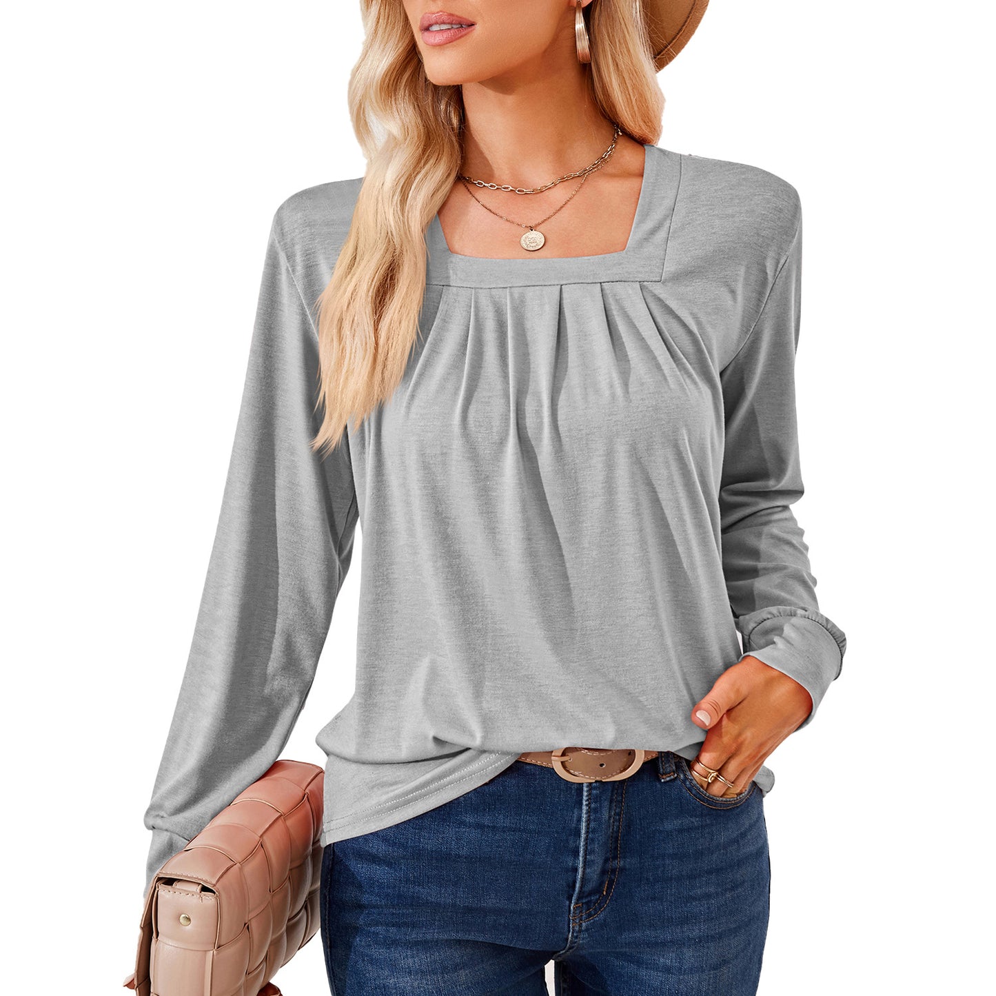 Women's Square Neck Pleated Long Sleeve Tunic Top