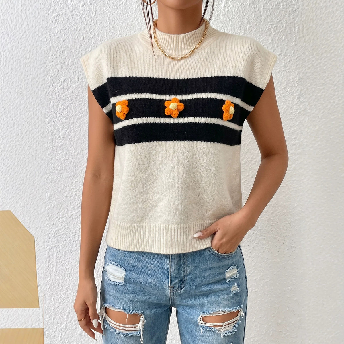 Women's Striped Crochet Flower Sweater Vest