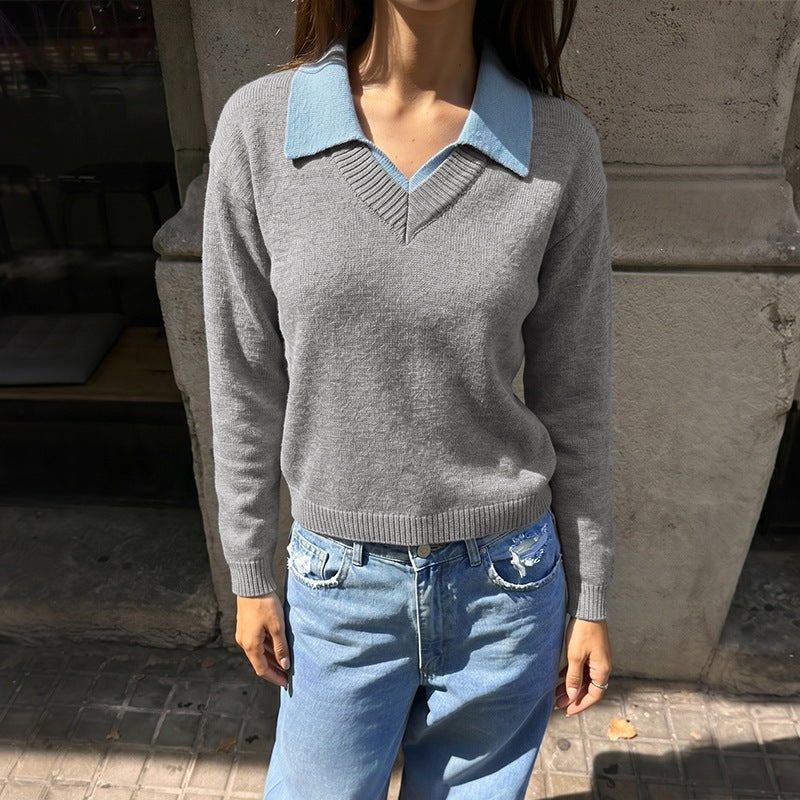Women's Collared Layered Color Block Knit Sweater