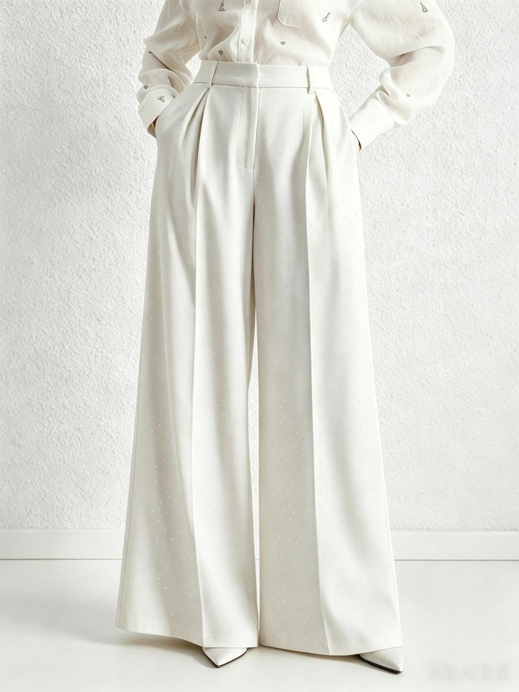 Rhinestone High Waist Pleated Wide Leg Dress Pants