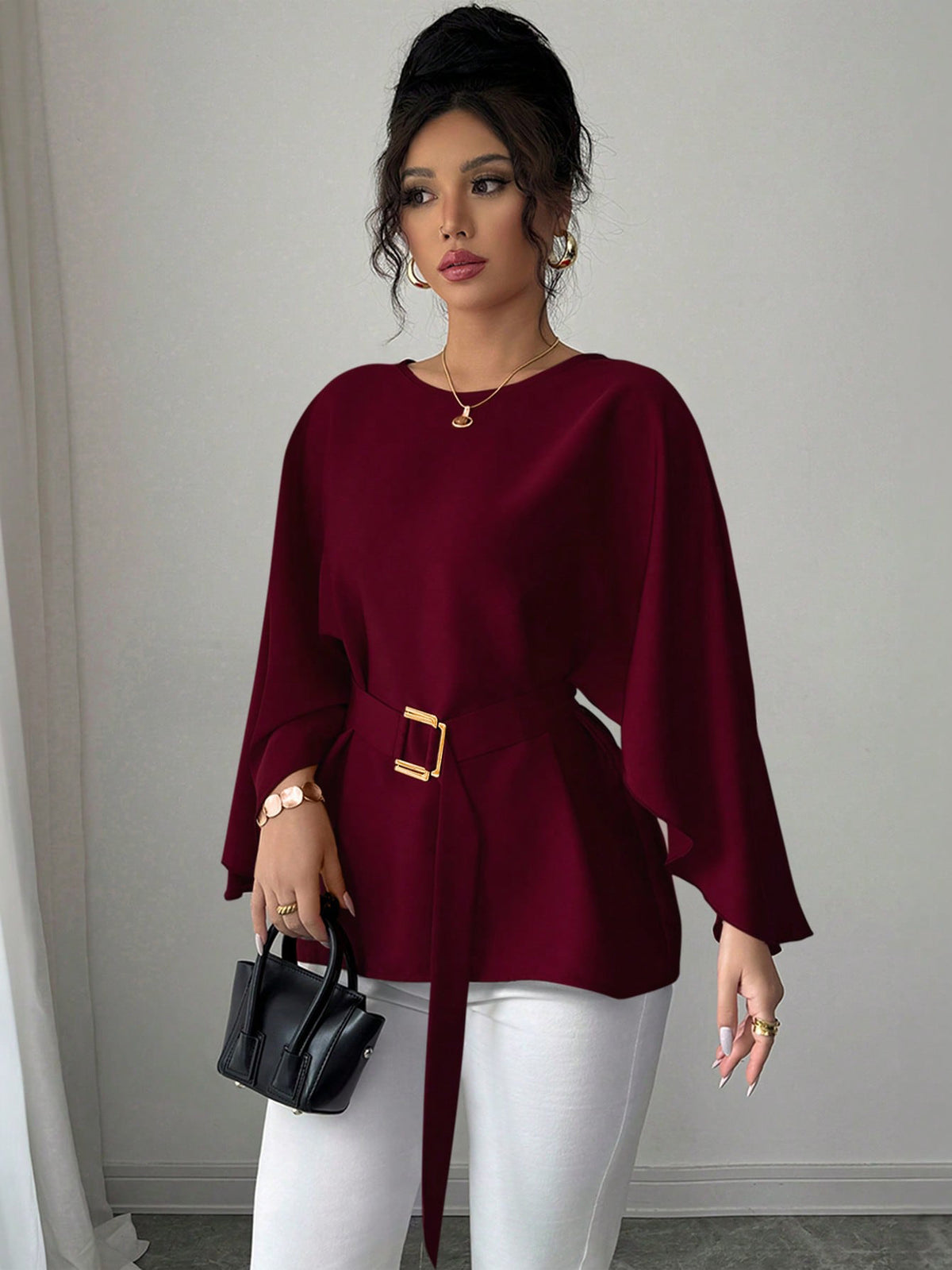 Women's French Vintage Bell Sleeve Belted Round Neck Blouse