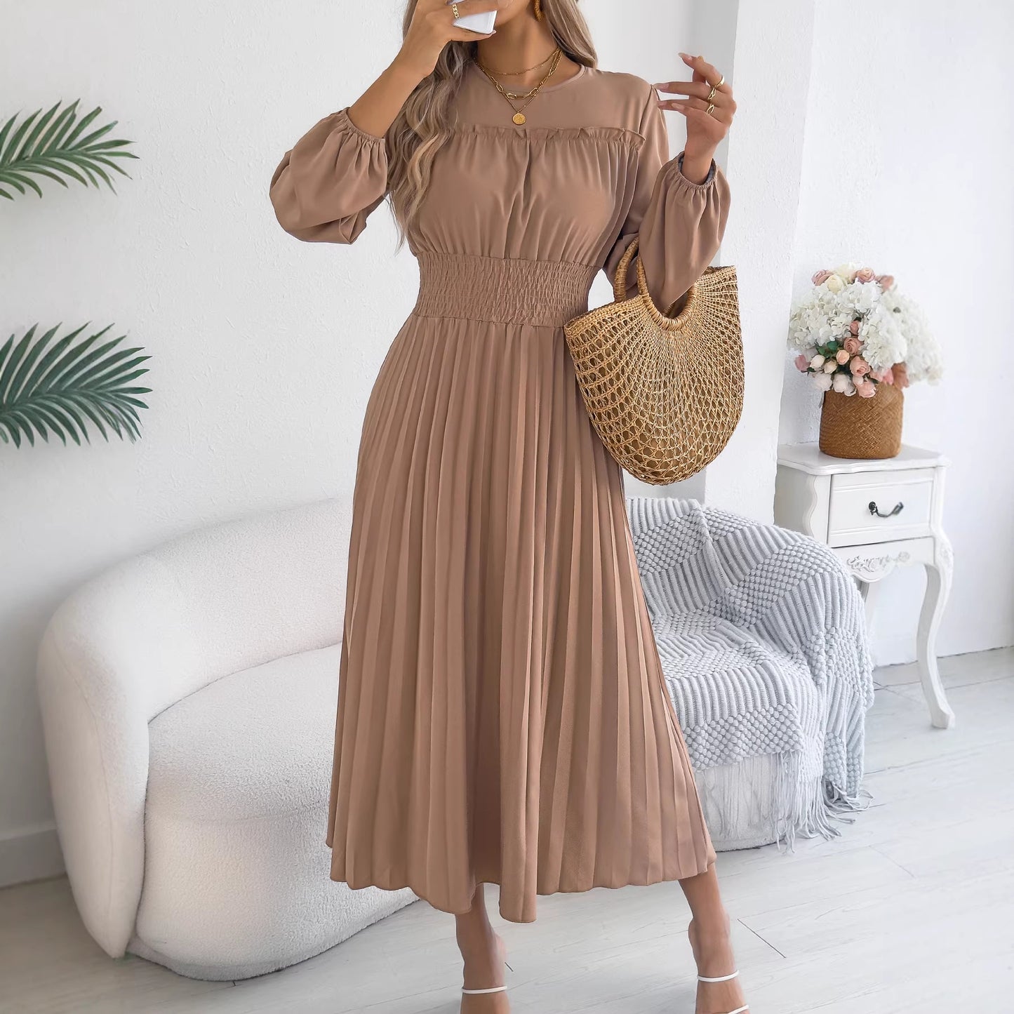 Light Blue Smocked Waist Long Sleeve Pleated Maxi Dress