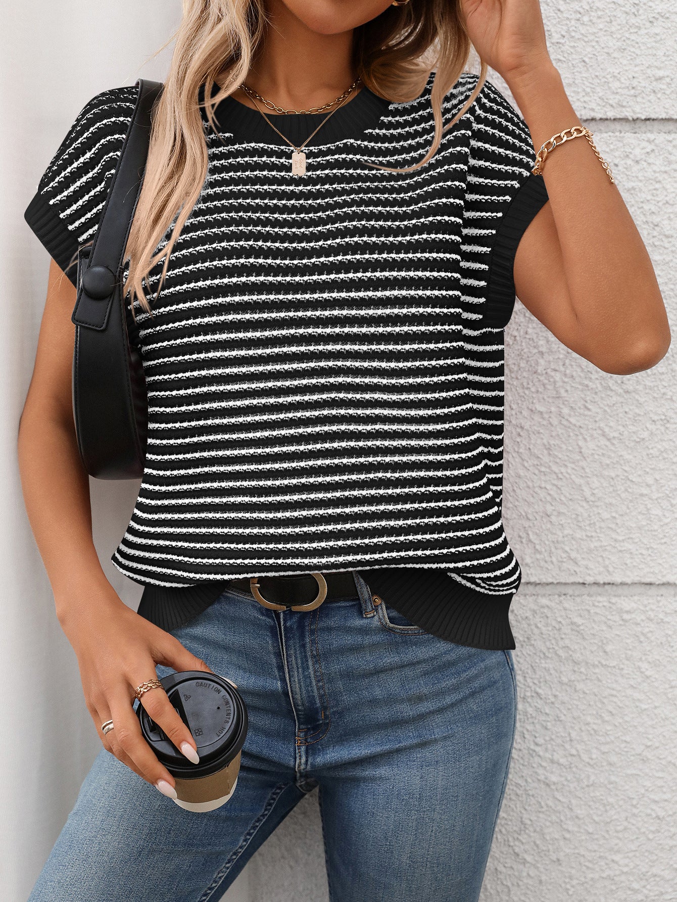 Red Stripe Lightweight Knit Short Sleeve Sweater Top