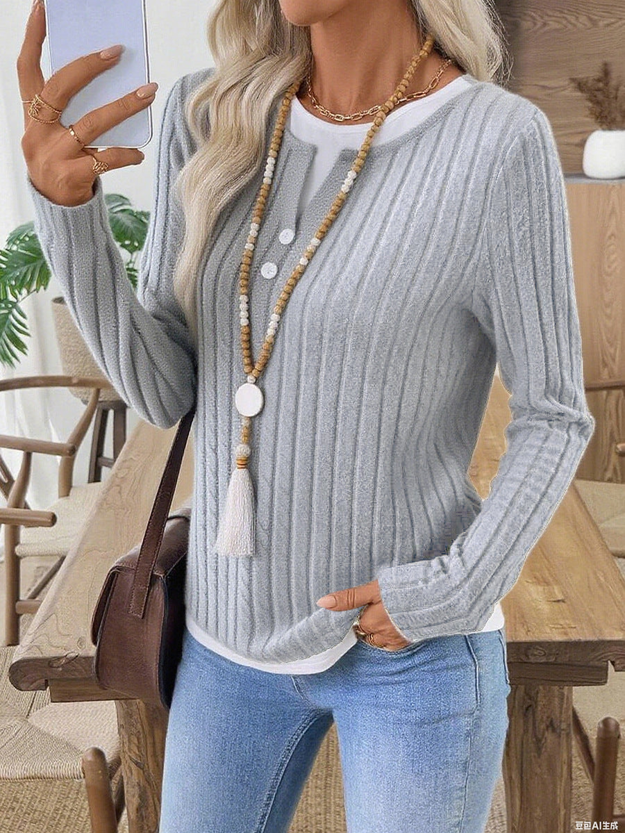 Solid Brushed Knit Top Casual Ribbed Henley Tee