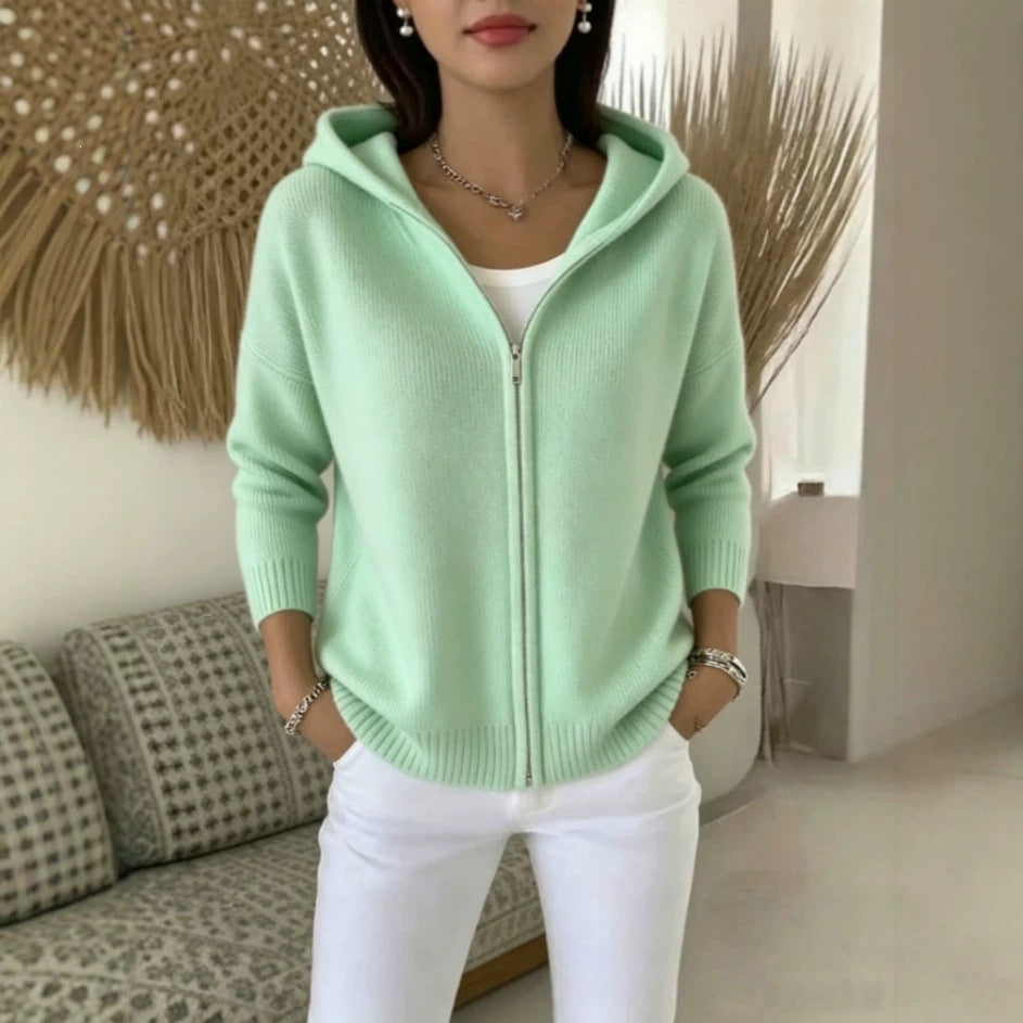 Hooded Zip Up Drop Shoulder Knit Cardigan