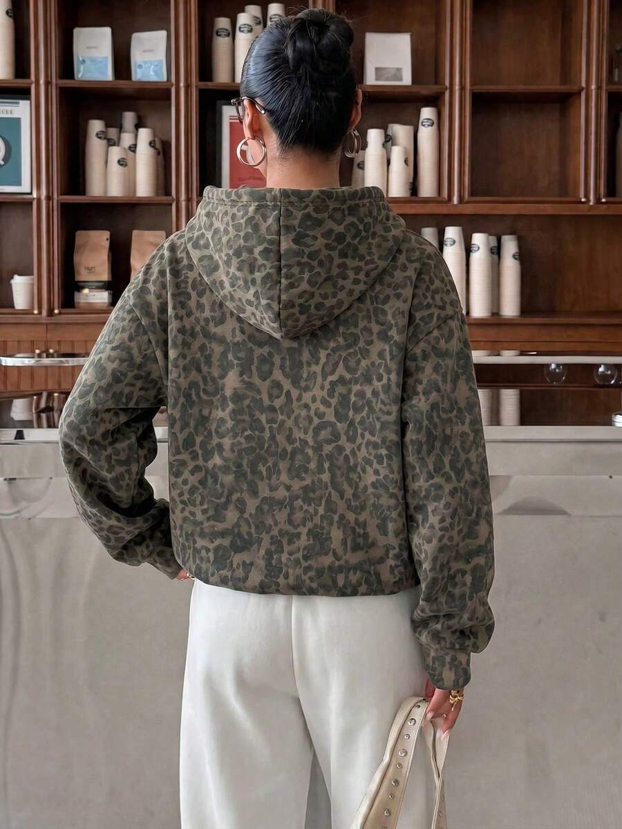 Women's Leopard Print Zip Up Fleece Hoodie Jacket