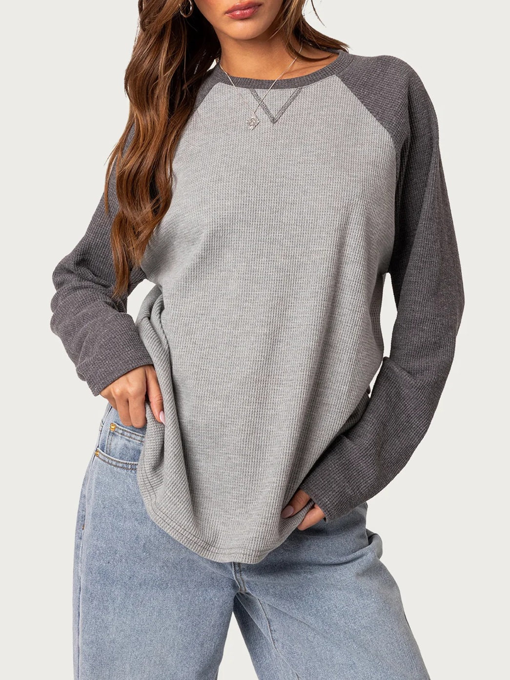 Colorblock Raglan Sleeve Waffle Knit Top