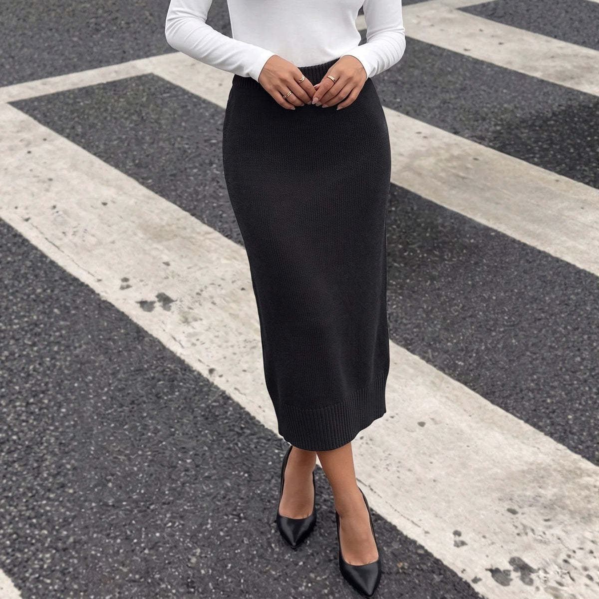 Women's Ribbed Knit Bodycon Midi Pencil Skirt