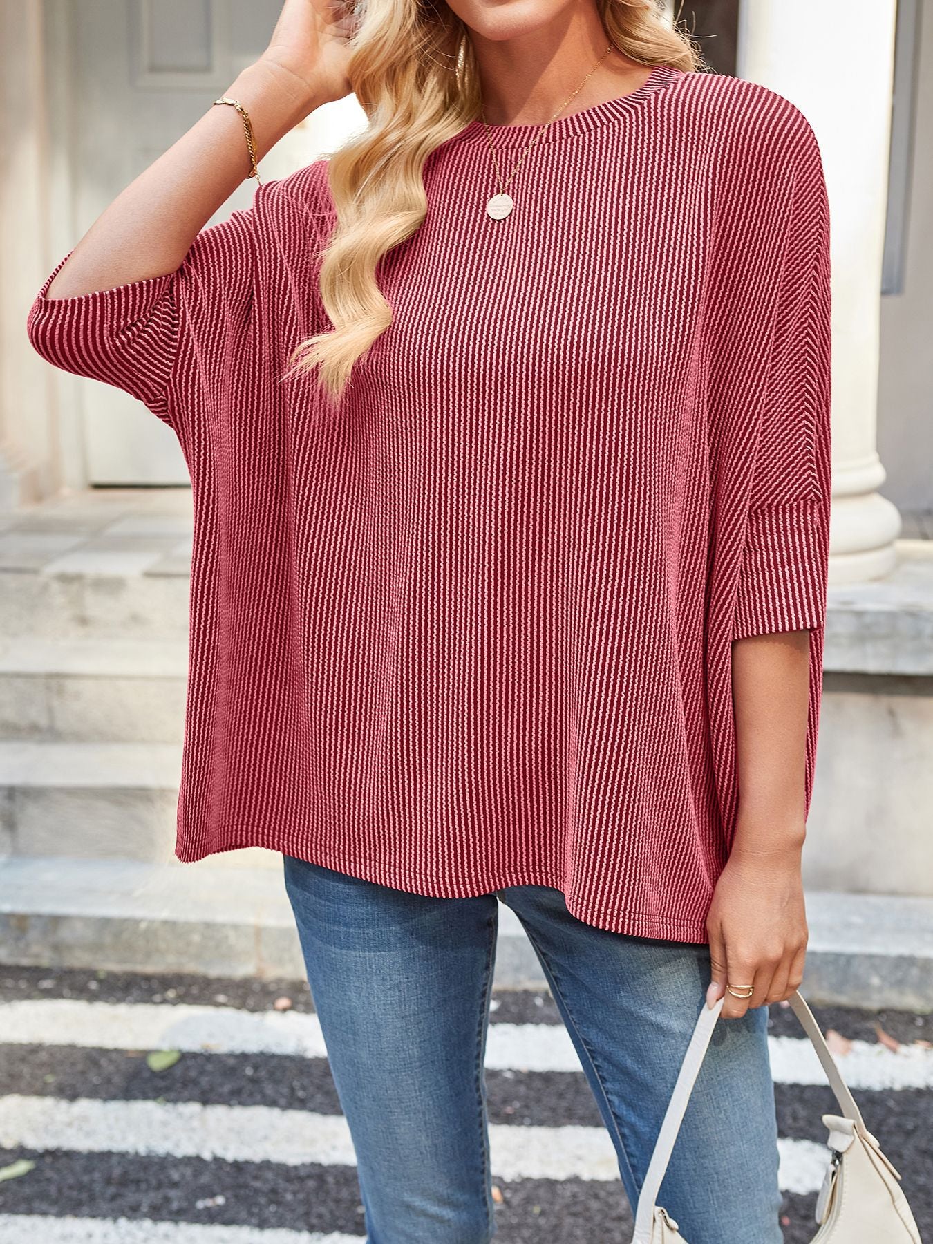 Ribbed Oversized Batwing Sleeve Crewneck Tee Top