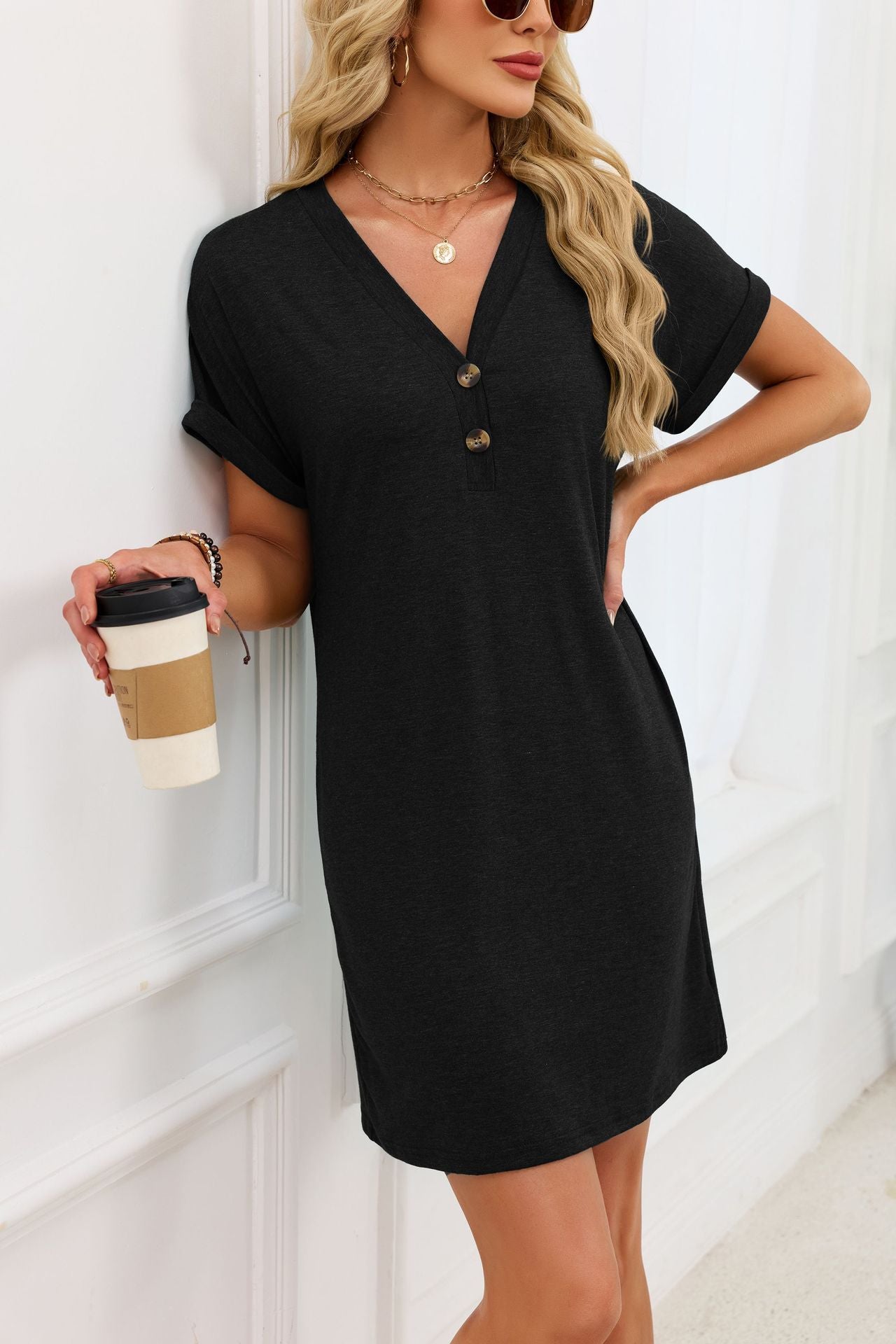 Casual V-Neck Short Sleeve Button Mini T-Shirt Dress
