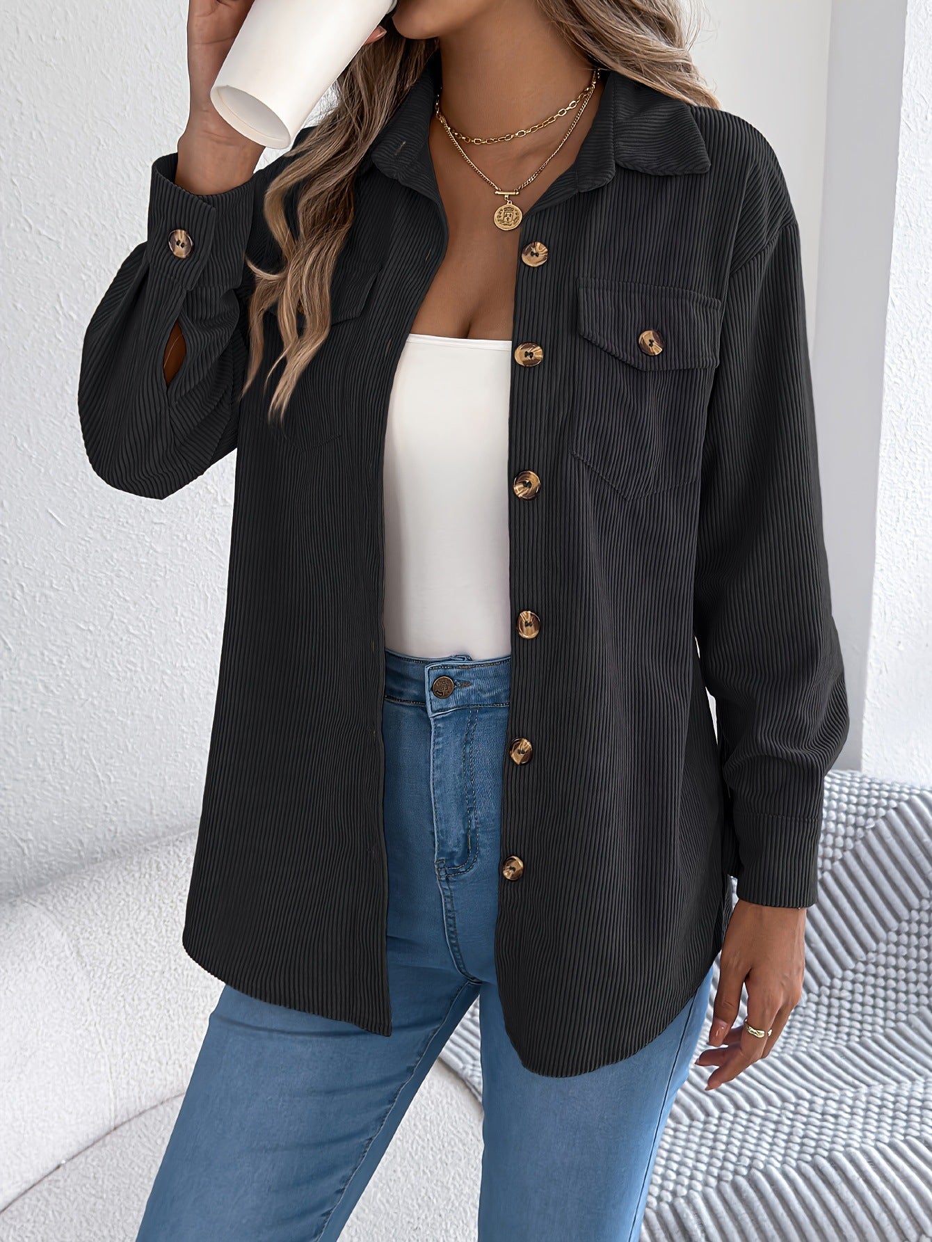 Corduroy Shacket Button Front Relaxed Fit