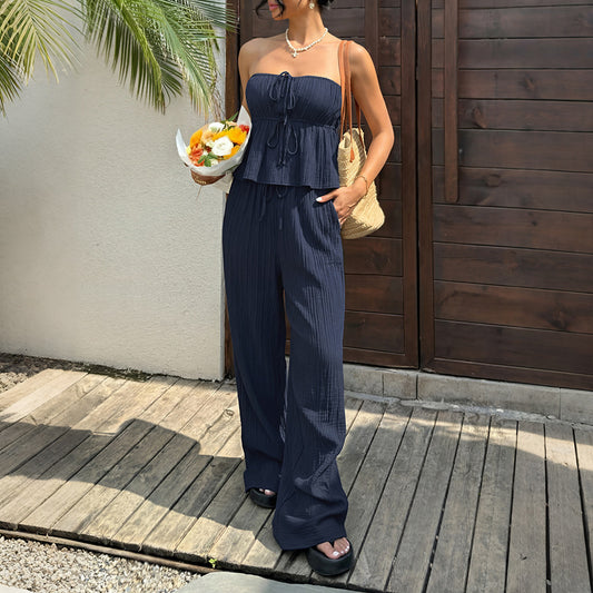 Strapless Smocked Ruffle Top Wide Leg Pants Set