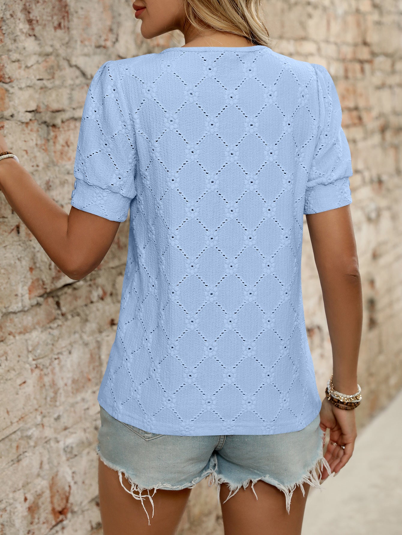 Women’s Eyelet Knit T Shirt Short Sleeve Summer Top