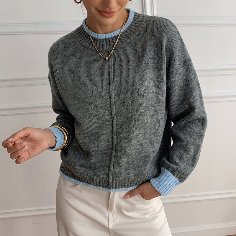 Oversized Color Block Mock Neck Pullover Sweater