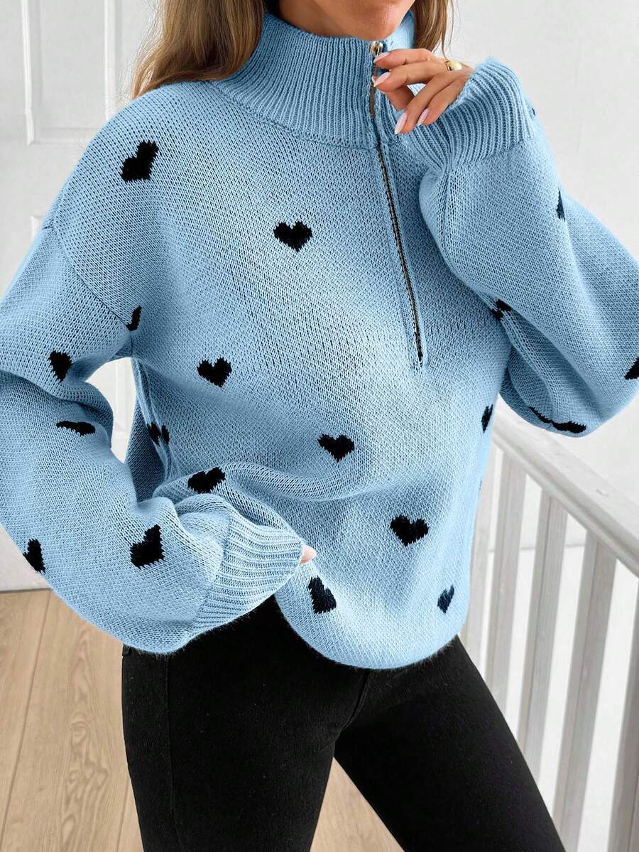 Half Zip Sweater with Heart Print, Oversized Knit Pullover