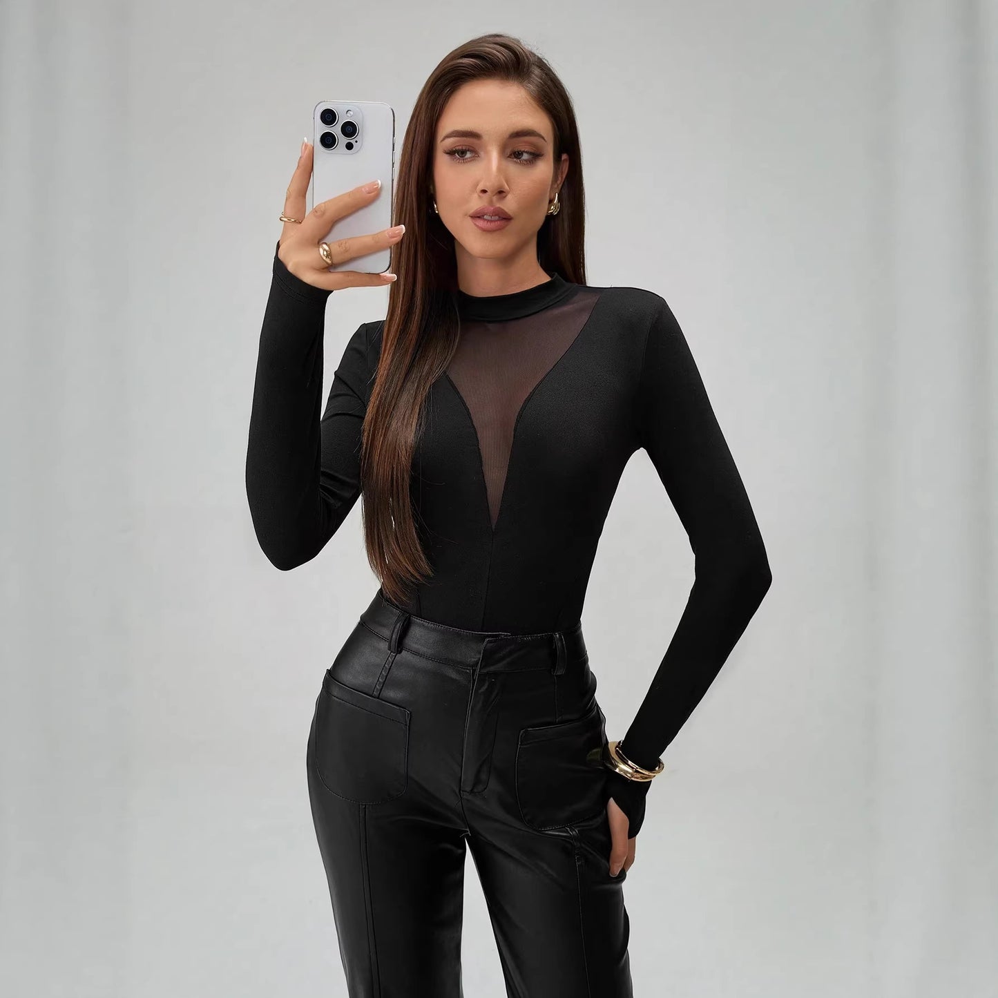 Black Sheer Mesh Mock Neck Long Sleeve Bodysuit Top