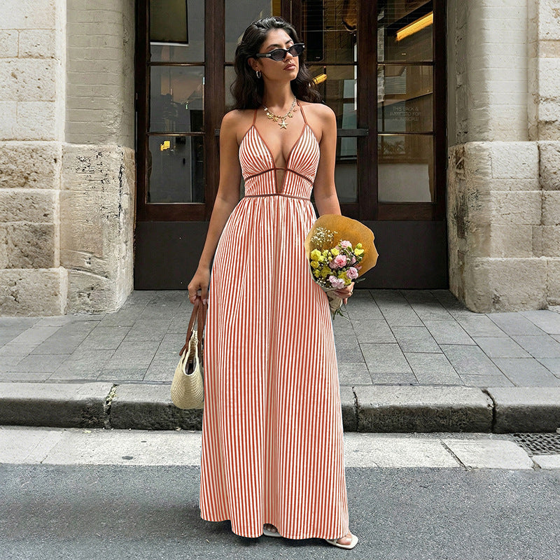 Striped Halter Backless Maxi Dress Vacation Summer
