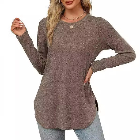 Women's Casual Long Sleeve Tunic Top Round Neck Side Slit