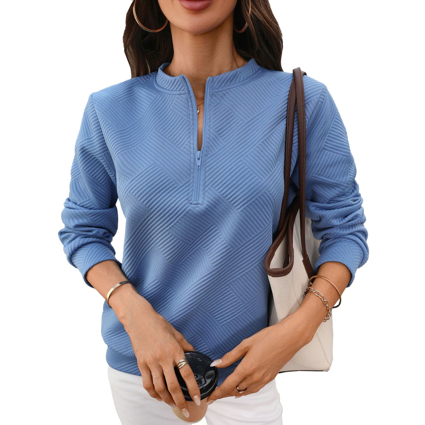 Solid Textured Knit Pullover Quarter Zip Long Sleeve Top