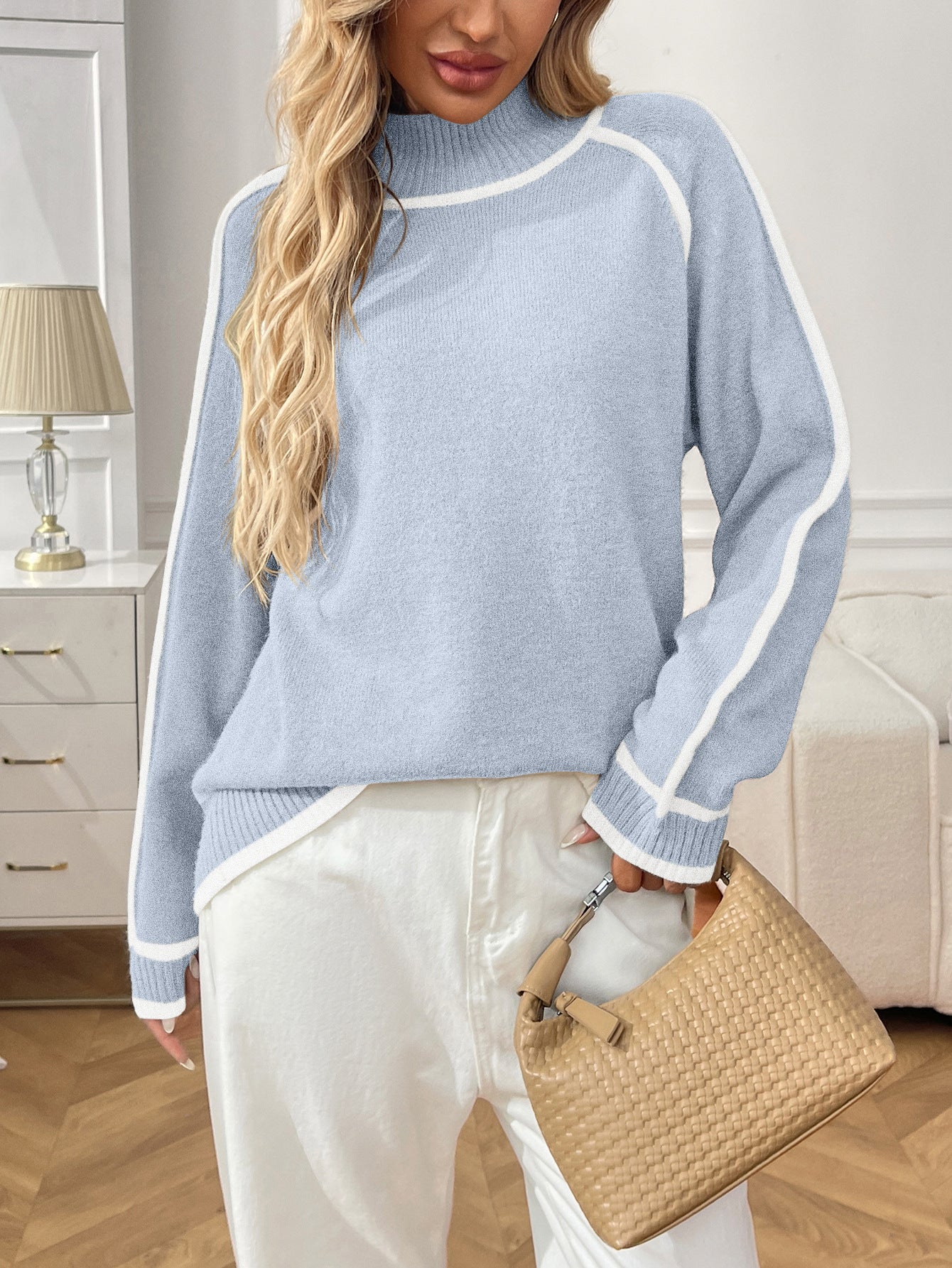 Colorblock Mock Neck Pullover Knit Sweater
