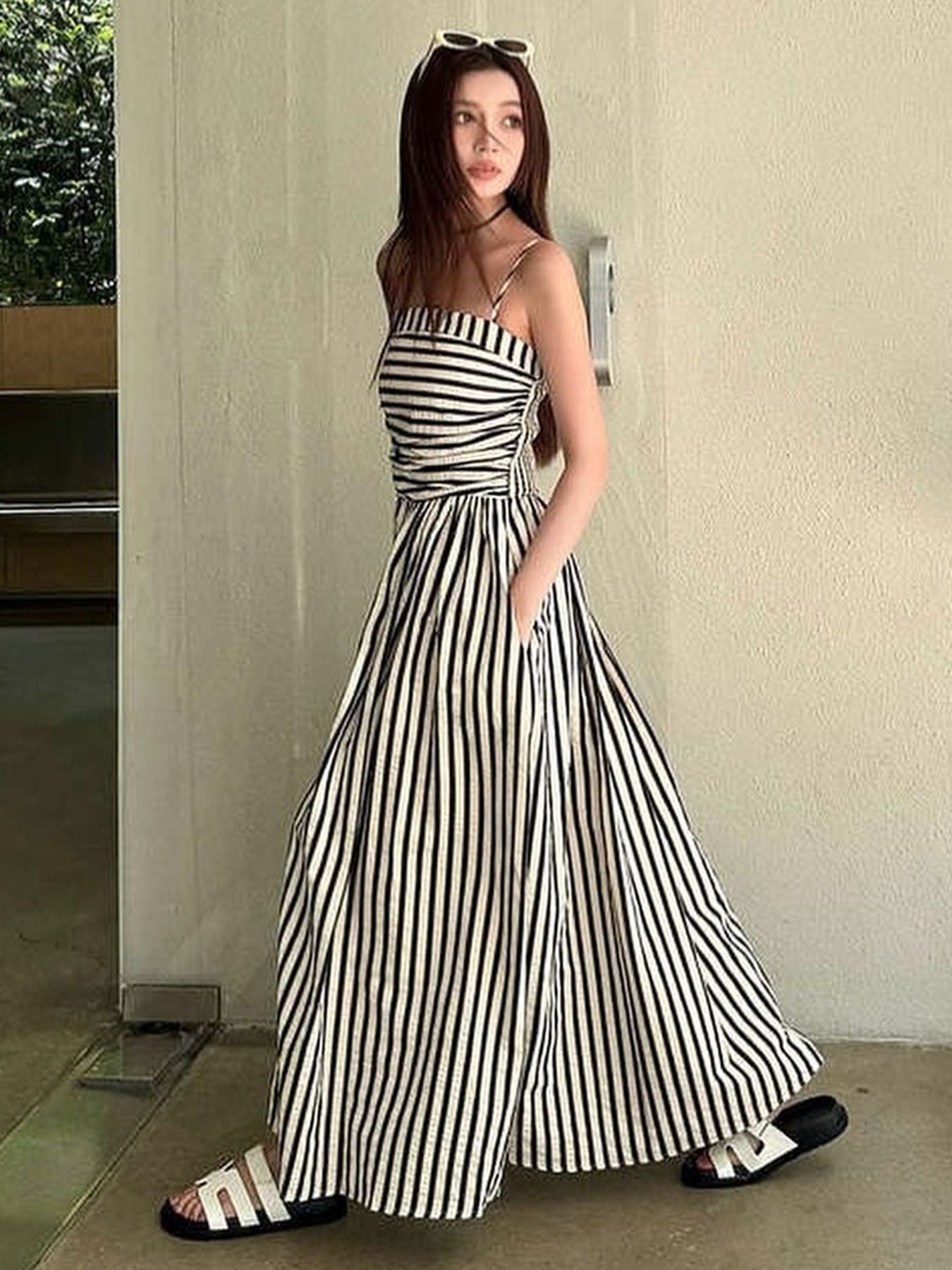 Striped Cami Maxi Dress with Pockets Smocked Bodice