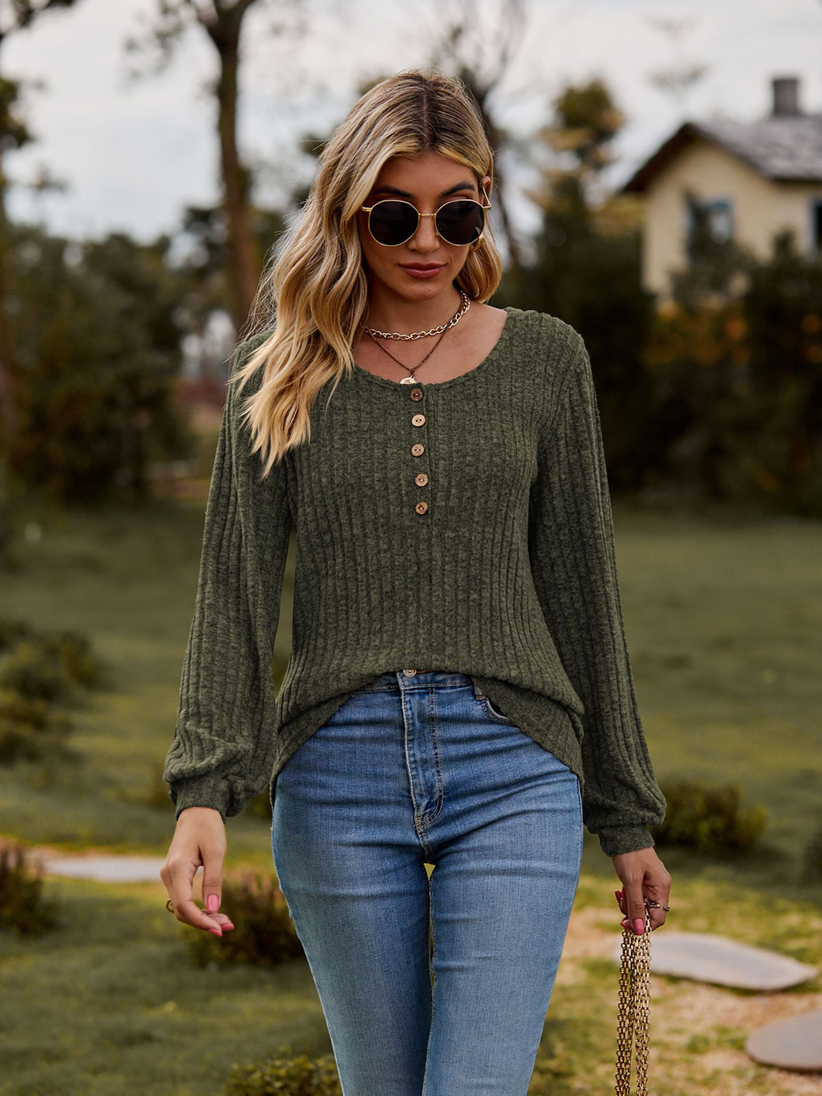 Women's Waffle Knit Button Front Lantern Sleeve Sweater