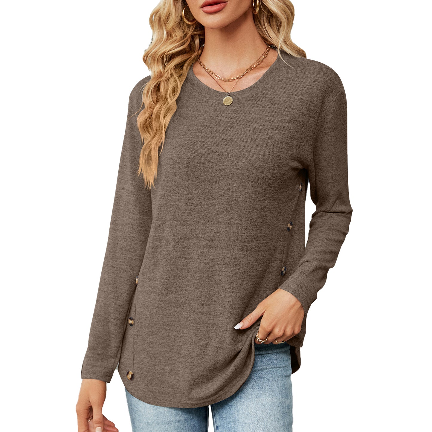 Womens Loose Crewneck Button Side Long Sleeve Tunic Tee
