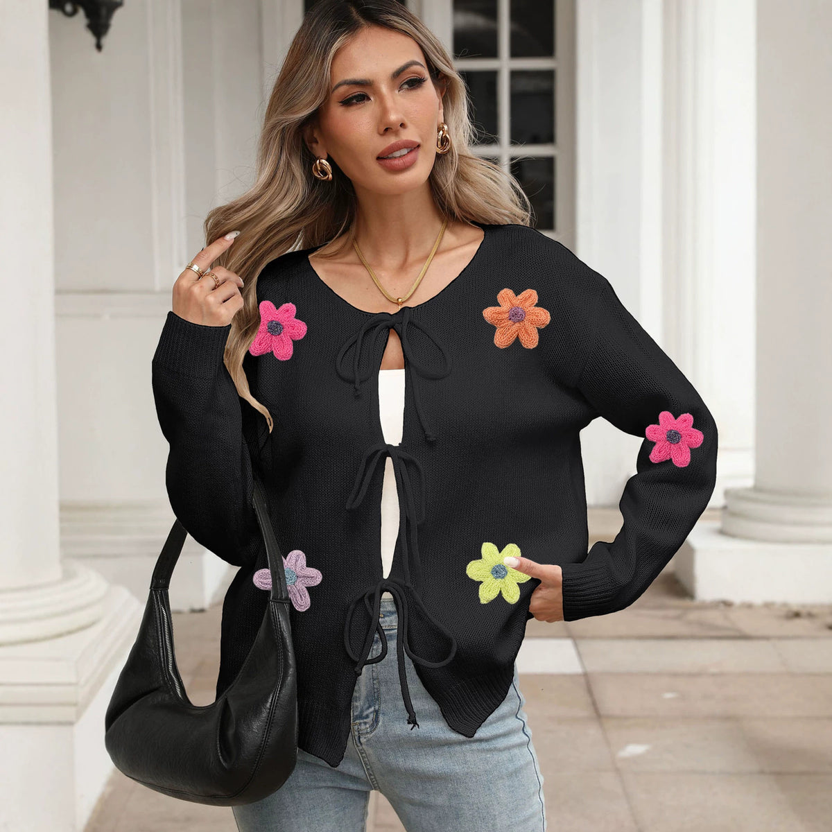 Women's Tie Front Crochet Flower Cardigan