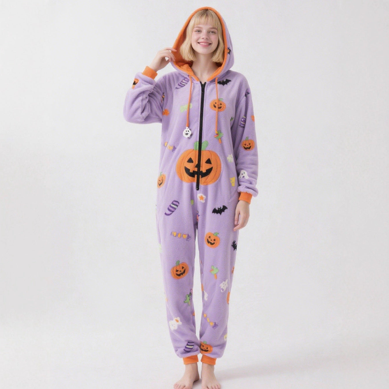 Halloween Pumpkin Hooded Pajama Jumpsuit One Piece