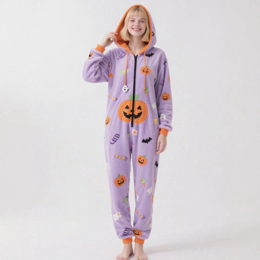 Halloween Pumpkin Hooded Pajama Jumpsuit One Piece