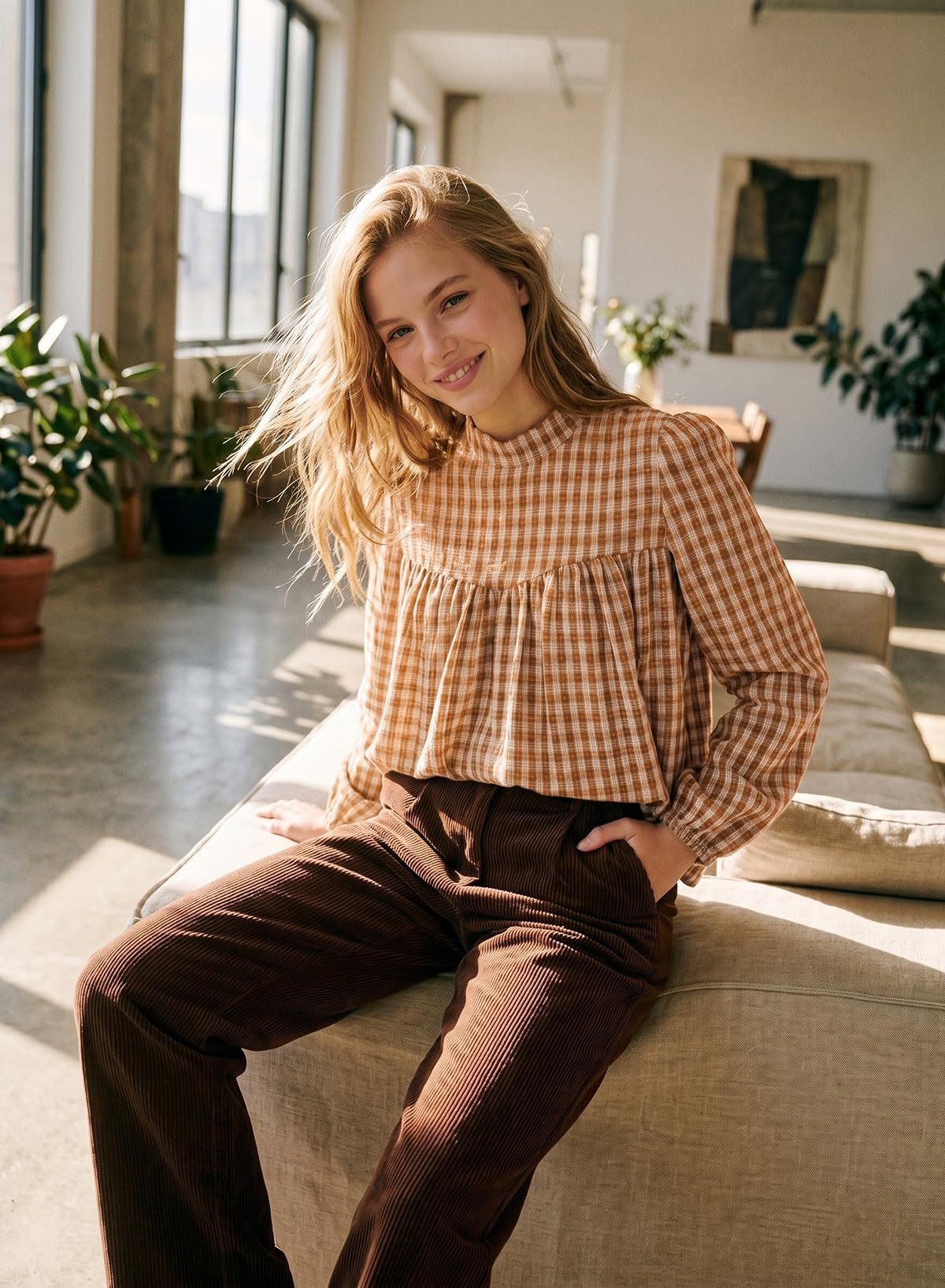 Plaid Mock Neck Babydoll Blouse Long Sleeve Top