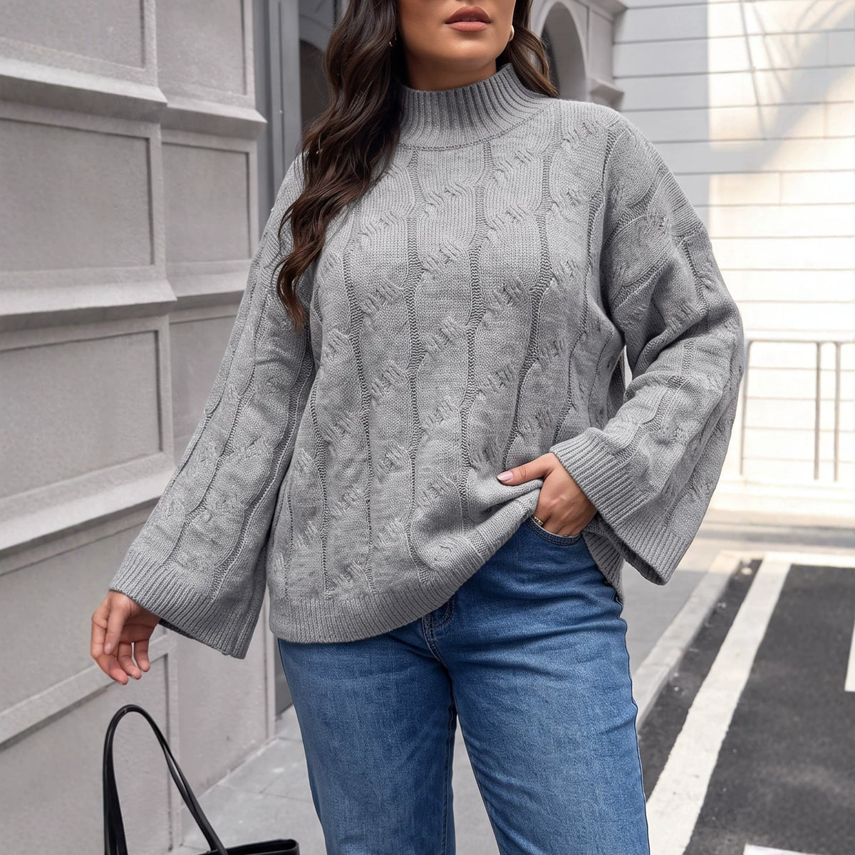Women's Oversized Cable Knit Mock Neck Bell Sleeve Sweater