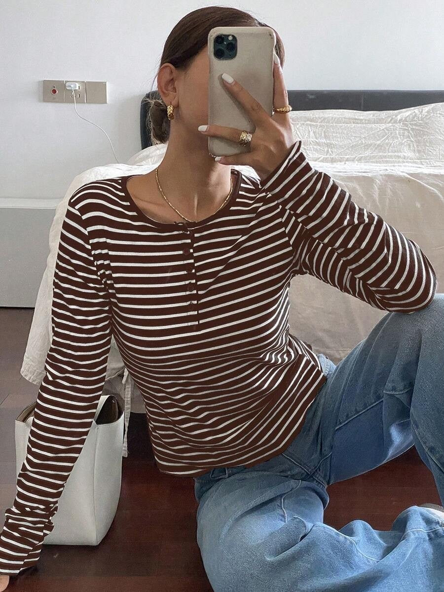 Striped Long Sleeve Top Henley Neck Casual Relaxed Fit Tee
