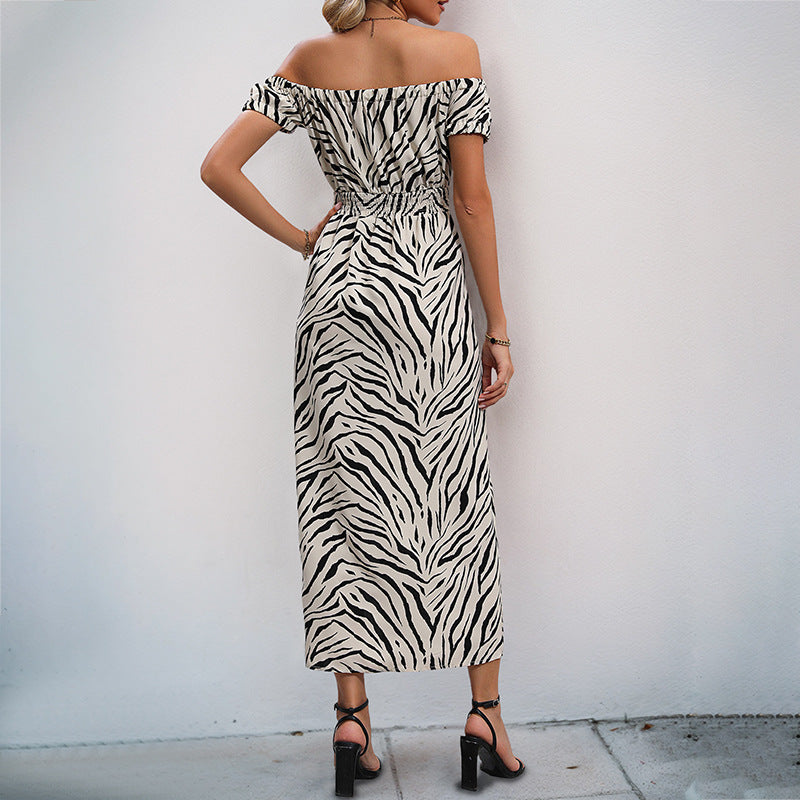 Zebra Print Off Shoulder Puff Sleeve Slit Midi Dress