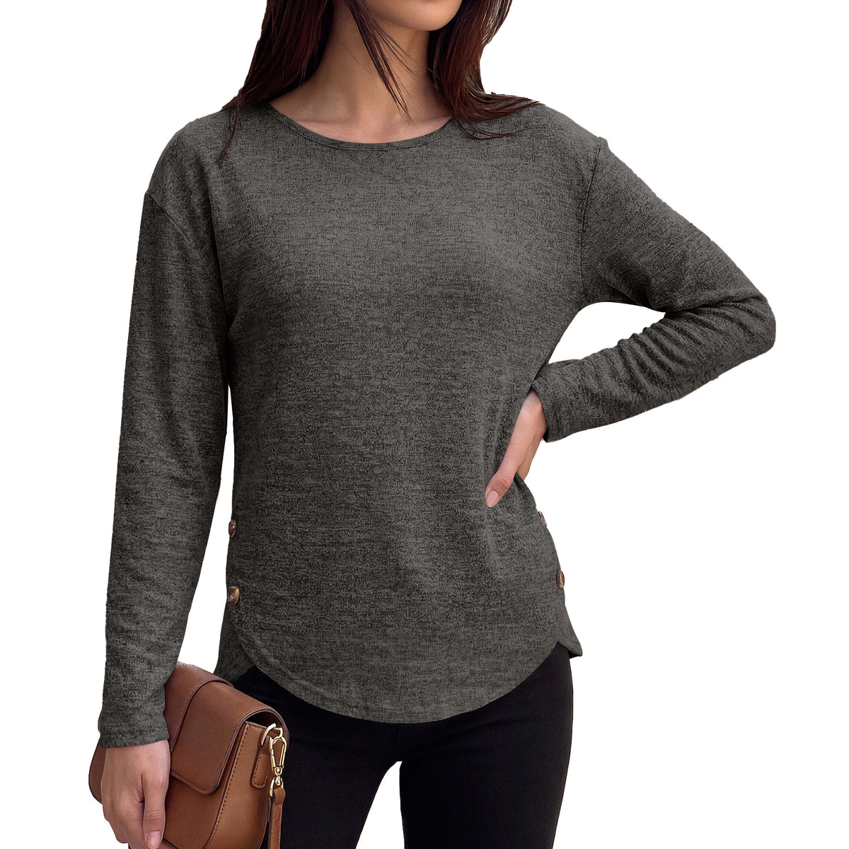 Women's Loose Long Sleeve Side Button Slit Tunic Top