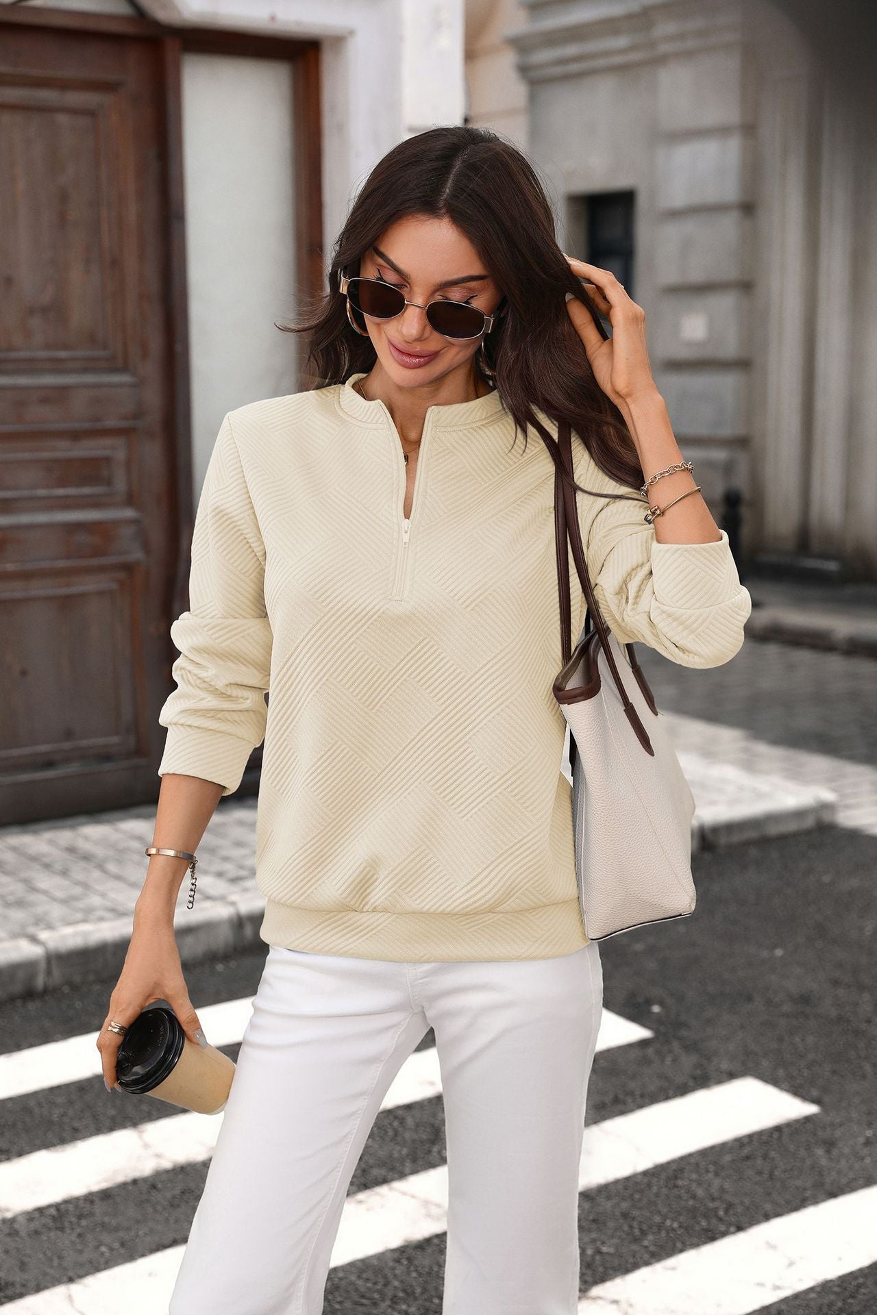 Solid Textured Knit Pullover Quarter Zip Long Sleeve Top