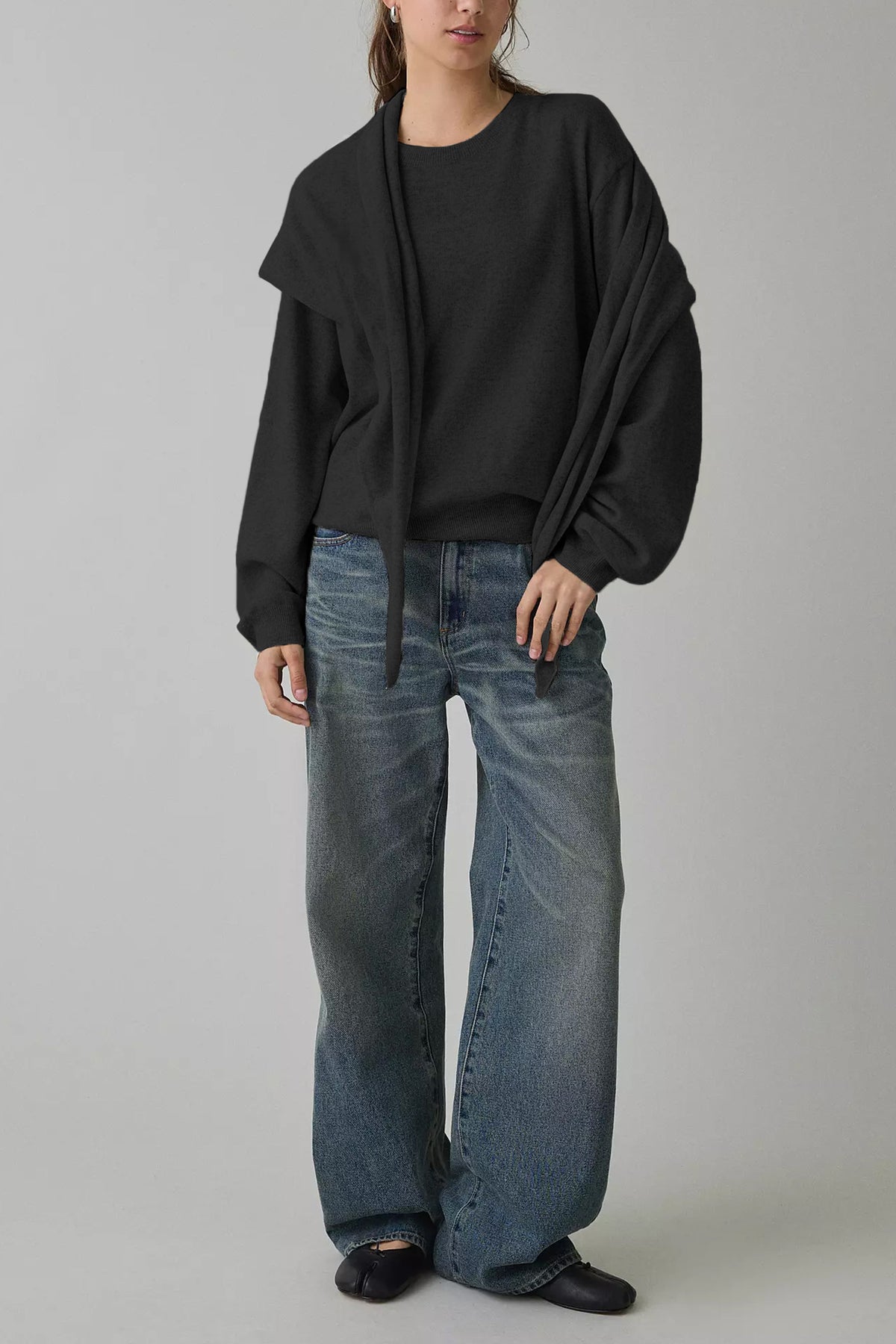 Women's Oversized Striped Sweater with Scarf Detail