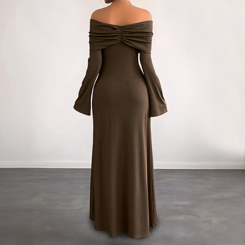 Chic Off-Shoulder Bodycon Maxi Dress in Brown