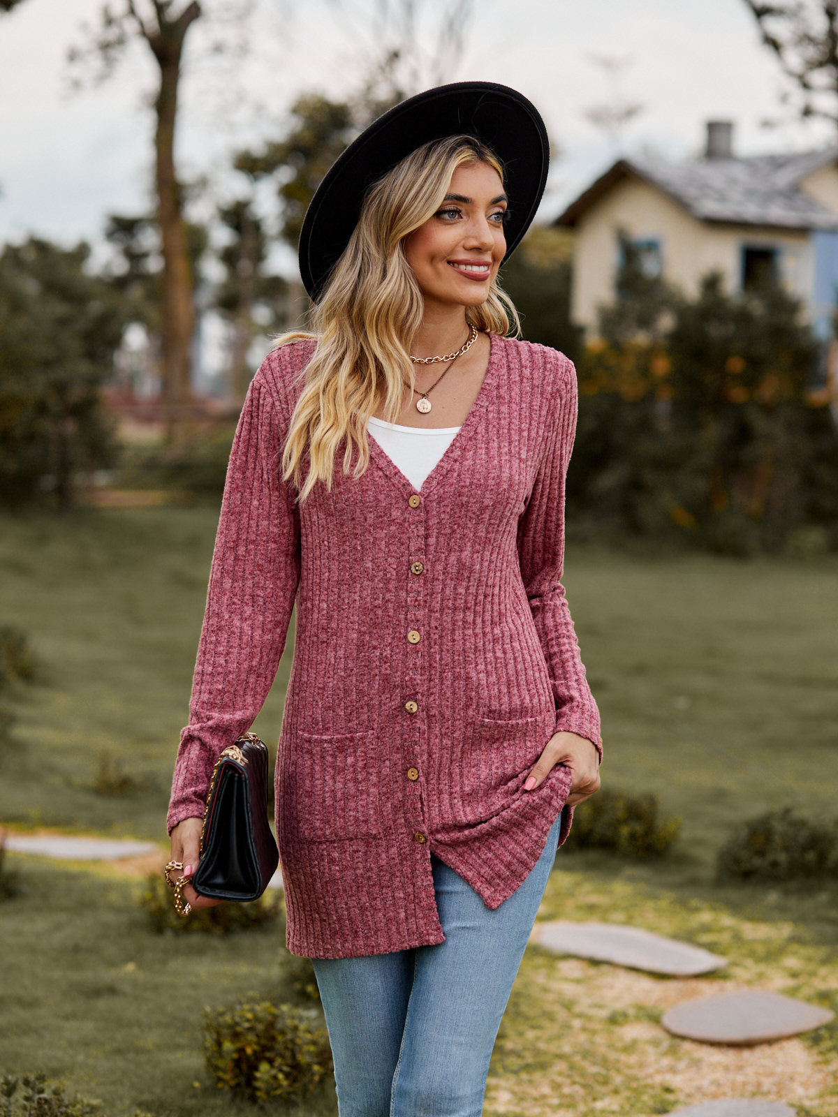 Ribbed Knit Longline Cardigan Button Front