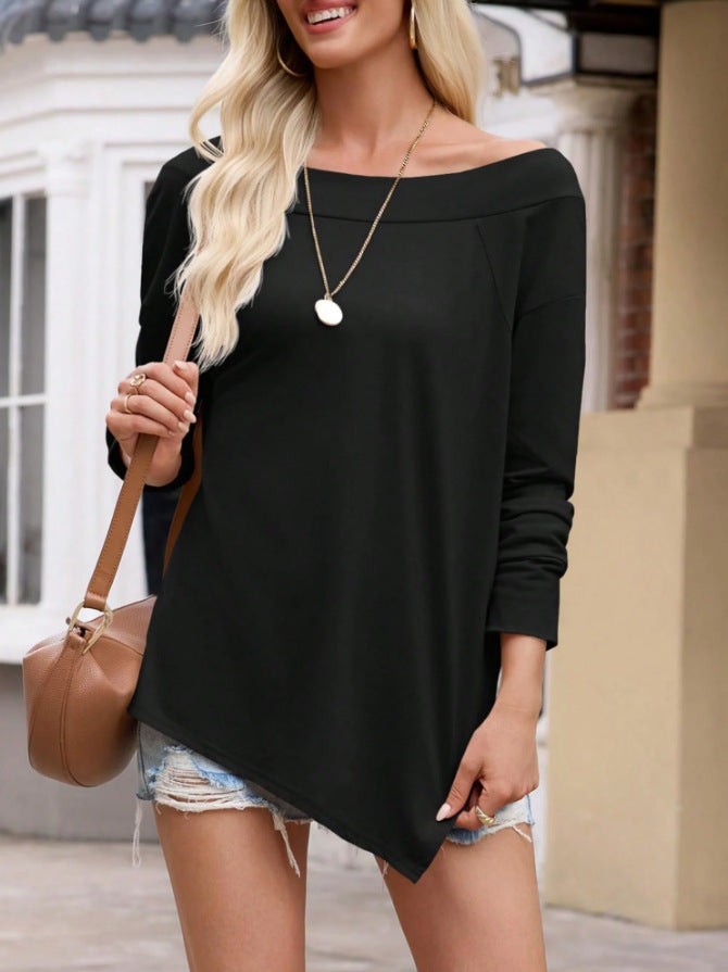 Off Shoulder Long Sleeve Casual Split Hem Tunic Top