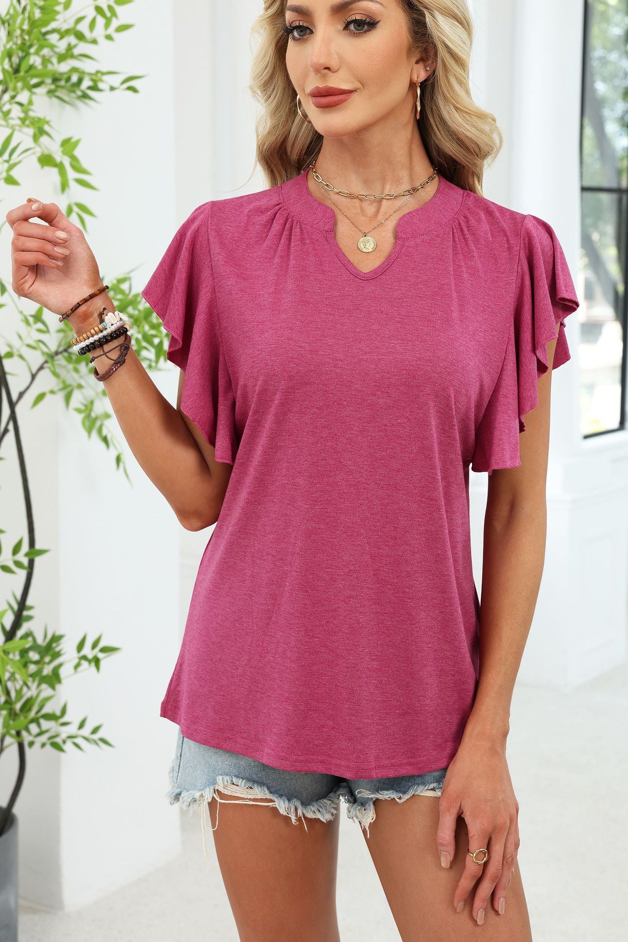 Women's V Neck Flutter Sleeve Loose Fit Casual Summer Tee