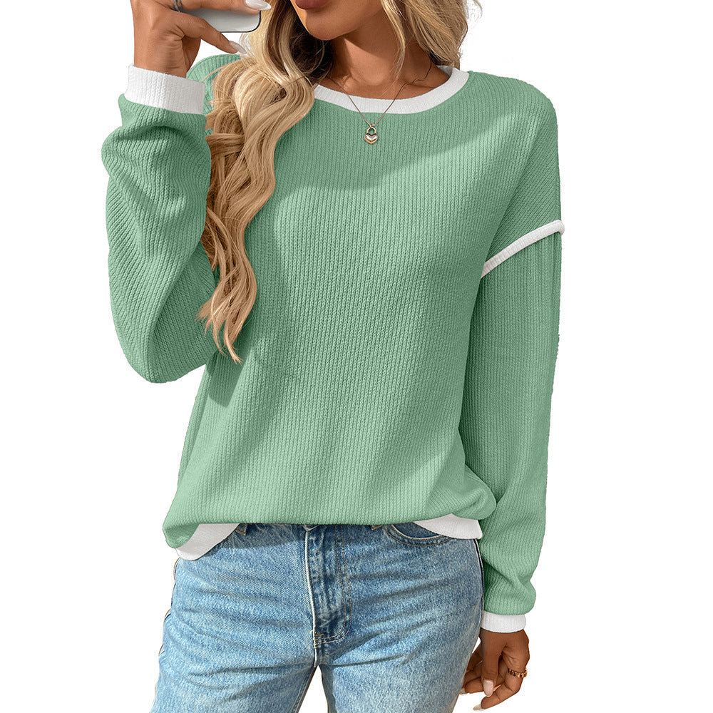 Colorblock Crewneck Knit Look Long Sleeve Pullover Top