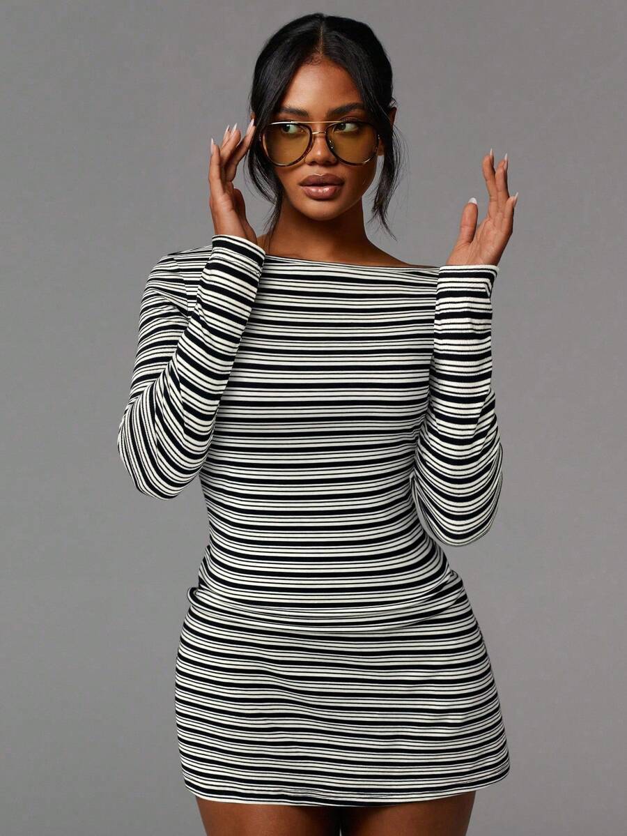 Striped Ribbed Mini Dress Boat Neck Long Sleeve Trendy Fit
